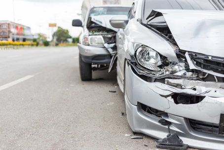 frontview of damaged car that has been rear-ended